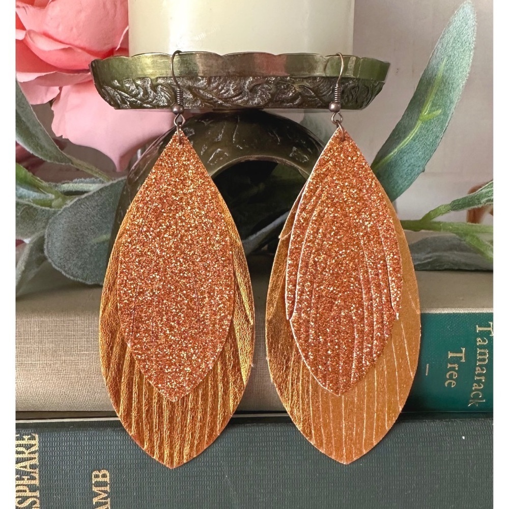 Orange glitter leather earrings
